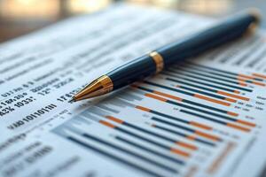 Elegant pen resting on financial report with charts and numbers photo