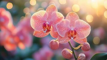 Branch of beautiful orange orchids is blooming with bokeh background photo