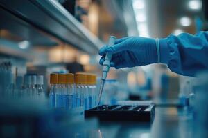 Scientist analyzing samples in modern laboratory using micropipette photo
