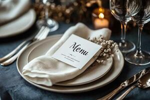 Elegant menu lying on table setting for wedding reception dinner party photo
