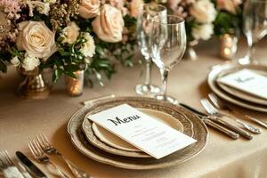Elegant wedding reception table setting with menu and flowers photo