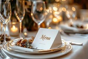 Elegant menu card displayed on a restaurant table setting for christmas dinner photo