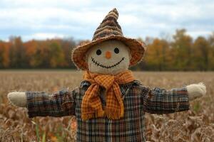 Smiling scarecrow wearing a hat and scarf standing in a cornfield photo