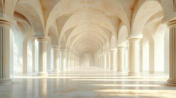 Classical architecture interior with columns forming a hallway leading to the light photo
