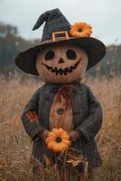 Scarecrow wearing a hat standing in a field of flowers photo