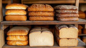 Freshly baked bread loaves cooling on wooden shelves in bakery display photo