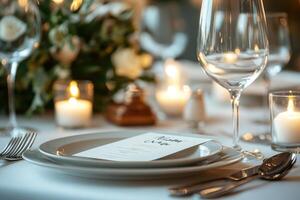 Elegant menu lying on table set for dinner in a restaurant photo
