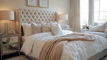 Large comfortable bed with soft pillows in a bright bedroom photo