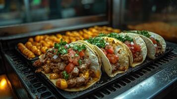 Four tacos resting on a grill with potatoes in the background photo