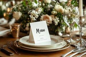 Elegant wedding reception table setting with menu and flowers photo