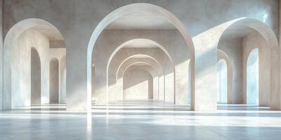 Classical architecture interior with columns forming a hallway leading to the light photo