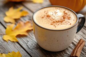 Pumpkin spice latte sitting on table with autumn leaves and cinnamon sticks photo