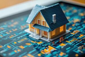 Miniature house sitting on digital tablet displaying property value data photo