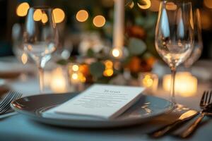 Elegant menu card displayed on a restaurant table setting for christmas dinner photo