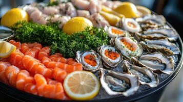 Fresh salmon sashimi and oysters lying on ice with lemon and parsley garnish photo