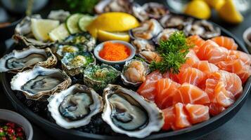 Fresh salmon sashimi and oysters lying on ice with lemon and parsley garnish photo