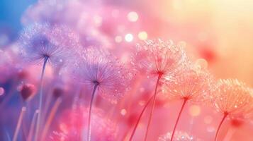 Dandelion seeds with water drops sparkling on colorful bokeh background photo