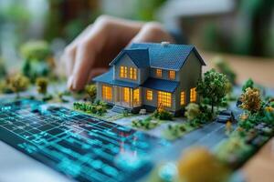 Architect presenting model house with projection mapping for a smart city project photo