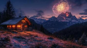 Cozy wooden cabin nestled in snow covered mountain landscape with fireworks exploding over peaks photo