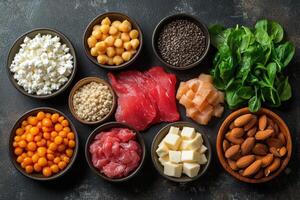 Healthy food high in protein being displayed on dark background photo
