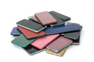 Pile of colorful smartphones laying on white background photo