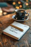 Writing new year resolutions in notebook with a cup of coffee on table photo