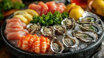 Fresh salmon sashimi and oysters lying on ice with lemon and parsley garnish photo