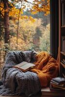 Open book resting on knitted blanket by window overlooking autumn forest photo