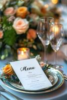 Elegant menu lying on plate at wedding reception with flower arrangement photo