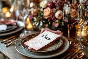 Elegant wedding reception table setting menu displayed on plate photo