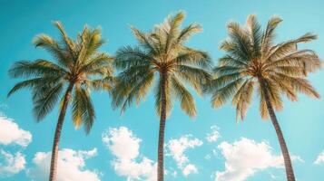 Palm trees soaring into blue sky with fluffy white clouds photo