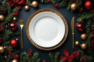 Elegant christmas table setting with empty plate and golden cutlery photo