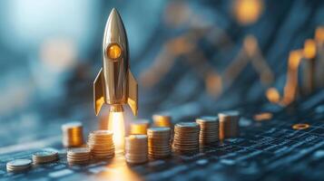 Golden rocket launching from increasing stacks of coins on financial chart photo
