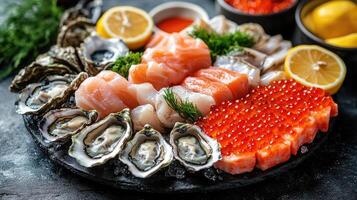Fresh salmon sashimi and oysters lying on ice with lemon and parsley garnish photo