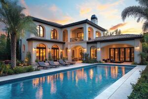 Luxurious mediterranean villa with pool reflecting the sunset sky photo