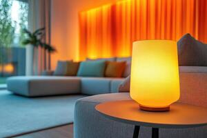 Modern living room with orange ambient lighting creating cozy atmosphere photo