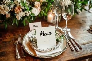 Elegant wedding reception table setting with menu and flowers photo