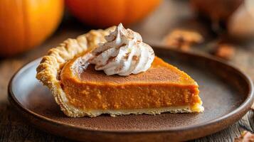 Slice of freshly baked pumpkin pie with whipped cream on rustic plate photo