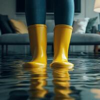 A person dressed in bright yellow rubber boots stands in a flooddrenched room, completely surrounded by rising water that reflects the serious and significant impact of severe flooding in a home photo