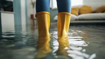 A solitary figure stands in a flooded room, wearing bright yellow rubber boots. In the background, a warm living space is visible but entirely submerged, creating a striking contrast photo