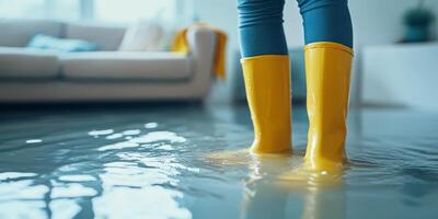 A person stands inside a room that has been completely flooded, wearing bright yellow rubber boots. The water has covered the entire floor, indicating a significant level of inundation and damage photo