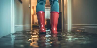 A person wearing rubber boots stands in a deeply flooded room, emphasizing the severe and devastating impact that flooding has on homes and the everyday lives of families during such critical crises photo