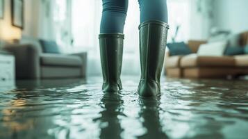 A person is standing in a flooded room, wearing rubber boots as water completely surrounds their feet, vividly illustrating the devastating impact of severe flooding within a home environment photo