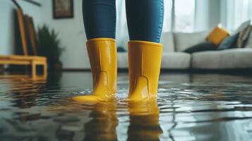 A person is standing in rooms where the floors are completely covered with water, while wearing bright yellow rubber boots, surrounded by the flooding in every direction within a waterlogged room photo