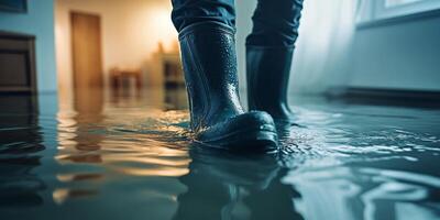 A single individual, donning a pair of rubber boots, carefully navigates through a flooded room that clearly exhibits the devastating effects of water damage on interior spaces and belongings photo