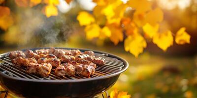Enjoy a beautiful and sunny autumn day while savoring delicious barbecue meat that is sizzling perfectly on the grill, all while being surrounded by the vibrant and colorful fall foliage all around photo