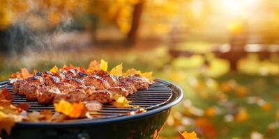 Enjoy tasting perfectly grilled meats in a beautiful autumn setting, surrounded by the vibrant leaves that create a cozy atmosphere for creating memorable moments with family and friends photo
