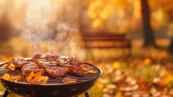 Indulge in a delightful barbecue experience set in a serene autumn landscape, where grilled meat and tasty dishes are surrounded by colorful leaves and bask in the warm glow of sunshine photo