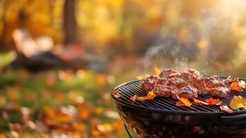 Appreciate a sunny autumn day, filled with laughter over a backyard barbecue, grilled meats, and vibrant fall leaves, perfect for friends and family to gather and enjoy the season photo
