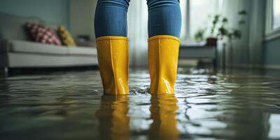 A person stands in a flooded room, donning bright yellow rubber boots, surrounded by rising water, which vividly showcases the profound and devastating effects of flooding occurring indoors photo